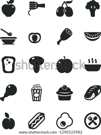 Solid Black Vector Icon Set - plates and spoons vector, Hot Dog, noodles, mushroom, muffin, porridge, chicken leg, thigh, sushi, cup of popcorn, fried egg, apple, sandwich, red, tasty cornels, cafe