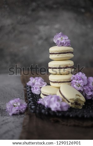 Yellow macarons with chocolate ganache, decorated lilac flowers