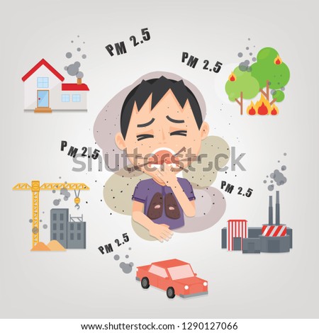 Man cough with dirty lung because PM2.5 air pollution.PM 2.5 Infographic. Information about dust PM2.5 source. Air pollution. Royalty-Free Stock Photo #1290127066