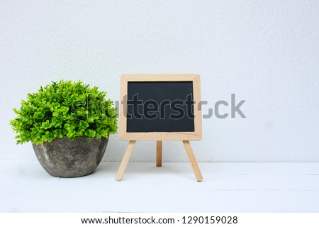 Mini blackboard and artificial green plant on white painted wall background