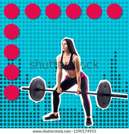 Young sporty woman fitness model doing deadlift with barbell ,position at bottom,on a bright pop art background with a blue background in the light-music style.Sports concept on the topic Zine culture
