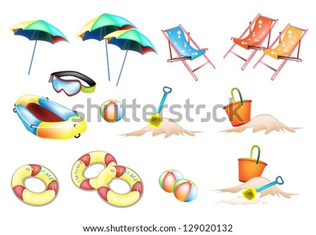 An Illustration Collection of Beach Items, Beach Ball, Inner Tube, Umbrella, Deck Chair, Beach Bucket and Spade