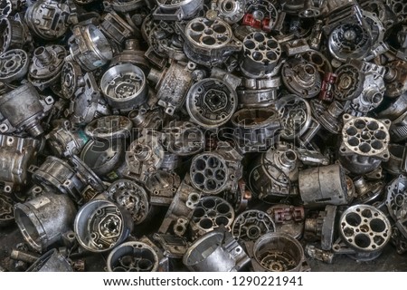 Engine junkyard, cracked engine block, aluminum for recycle