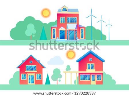 House Exterior. Town Landscape. Houses along the Street. Flat Cottages. Vector illustration