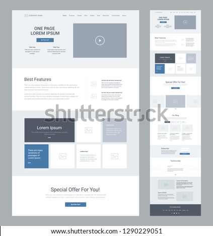 One page website design template for business. Landing page wireframe. Flat modern responsive design. Ux ui website: home, features, gallery, offer, slider, blog, subscribe, testimonials, news. Royalty-Free Stock Photo #1290229051