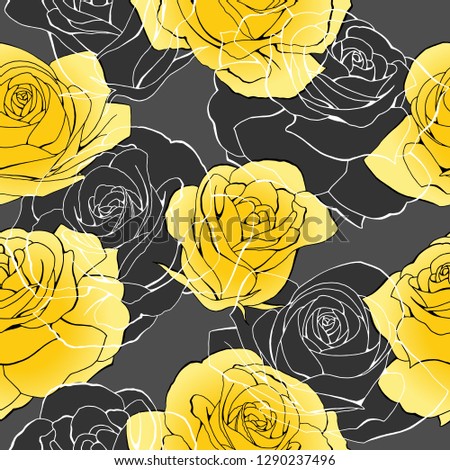 Golden rose flower bouquets contour elements vector seamless pattern on gray and dark. Happy mother day, womens day, girls birthday, Valentines day. Gift box paper, textile, linen, dress print design