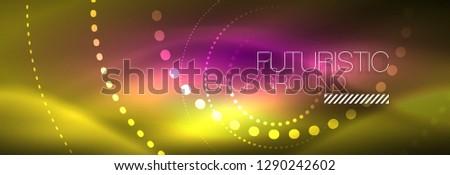 Yellow neon abstract background with dotted circles, blurred shiny glass design