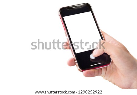 Smartphone in male hands taking photo isolated on white blackground