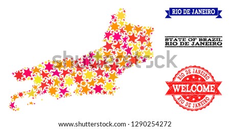 Mosaic map of Rio de Janeiro State created with colored flat stars, and grunge textured stamps, isolated on an white background.