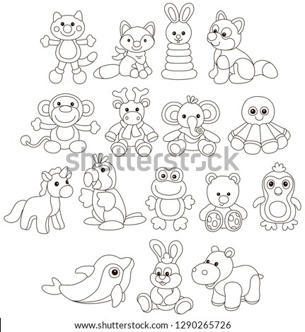 Collection of funny toy animals, black and white vector illustrations in a cartoon style for a coloring book