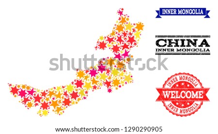 Mosaic map of Inner Mongolia formed with colored flat stars, and grunge textured stamps, isolated on an white background. Vector colored geographic abstraction of map of Inner Mongolia with red,