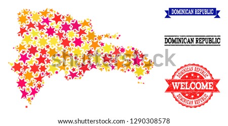 Mosaic map of Dominican Republic created with colored flat stars, and grunge textured stamps, isolated on an white background.