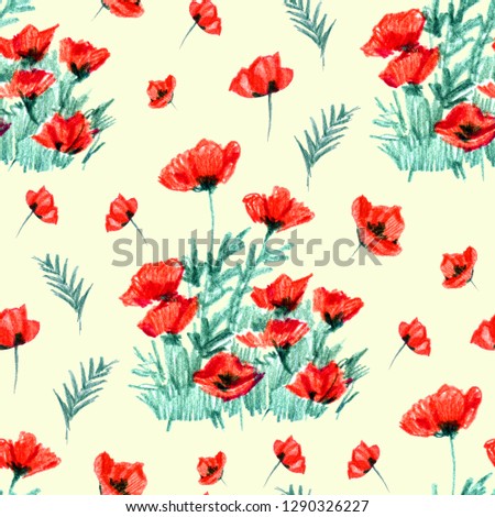 Poppies stripped seamless pattern. Red flowers on a yellow background.