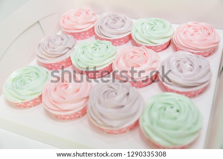 Tasty colorful pastel butter cream cupcakes on white table, delicious butter cream cupcakes.