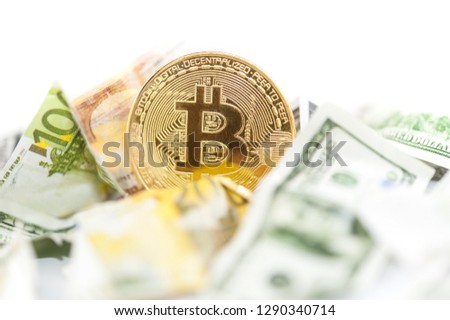 Exchange bitcoin for a dollar. Finance background.