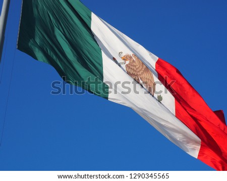 Mexican flag waving in the blue sky