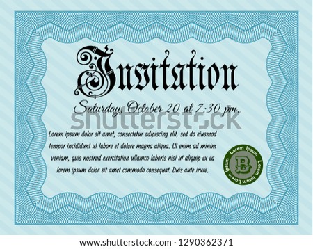 Light blue Vintage invitation. Money Pattern design. Vector illustration. With great quality guilloche pattern. 