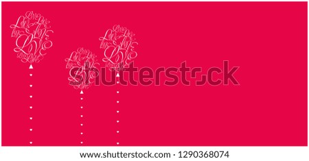 Vector illustration of balloons from calligraphic "love" on red background for Valentine`s Day cards, greetings, birthday party invitations, prints, posters, flyers, wedding design and decoration, web