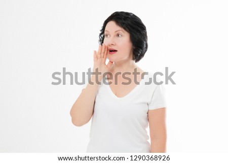 Middle age woman shouting hot news. gossip girl isolated on white background. Summer t shirt template blank. Copy space