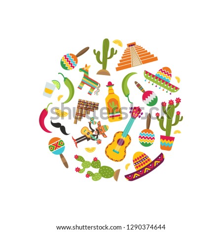 Vector flat Mexico attributes in circle shape illustration