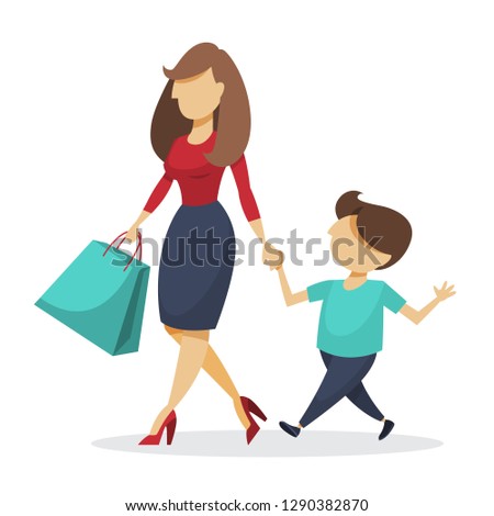 Mother and son going with bag full of food. Walking home from supermarket. Idea of shopping. Flat vector illustration.