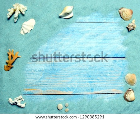 Sea frame of blue sand with shells and fragments of coral on the background of blue wooden boards.