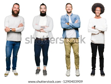 Collage of group of young men over white isolated background happy face smiling with crossed arms looking at the camera. Positive person.