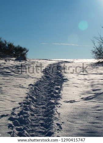                         
trodden path through the snow on a hill, blue sky against the sun       