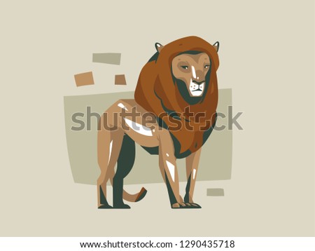Hand drawn vector abstract cartoon modern graphic African Safari Nature concept collage illustrations art card with lion animal isolated on pastel color background