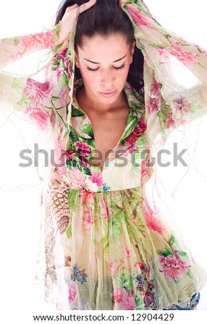 young beautiful girl in summer dress, white background