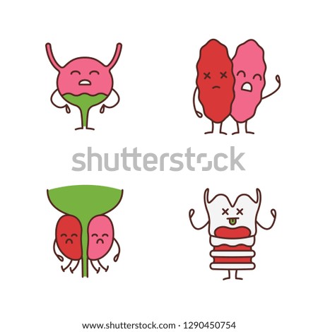 Sad human internal organs characters color icons set. Unhappy larynx, thymus, prostate, urinary bladder. Unhealthy urinary, immune, reproductive, respiratory systems. Isolated vector illustrations