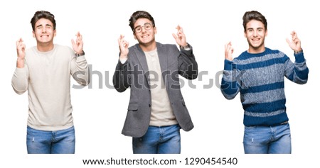 Collage of young handsome business man over isolated background smiling crossing fingers with hope and eyes closed. Luck and superstitious concept.