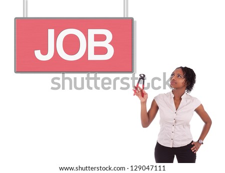 Young african american woman looking for a job, isolated on white background