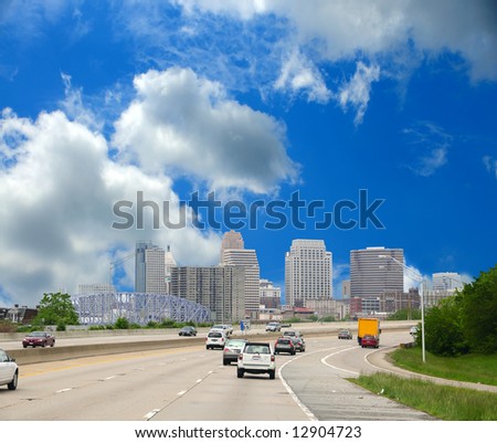 Driving Along The Interstate Highway Toward Downtown Cincinnati Ohio