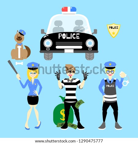policeman and policewoman holding handcuffs and bat arresting thief with car, dog in blue background, vector illustration flat cartoon character design clip art