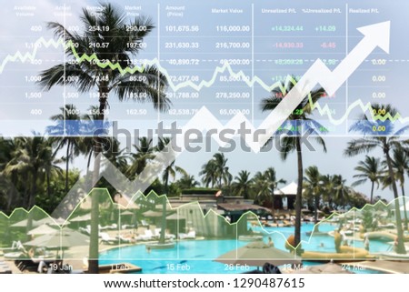 Stock financial index show successful invest ment on summer holiday travel resort hotel business presentation with chart and graph on beach vacation background.