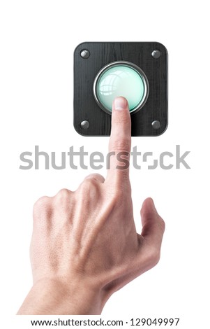 Hand press on vintage button isolated over white background. High resolution 3d render