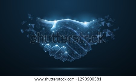 Handshake. Abstract handshake isolated on blue background. Business agreement, teamwork, partnership deal, businessman cooperation, corporate meeting, contract, friendship concept vector illustration Royalty-Free Stock Photo #1290500581