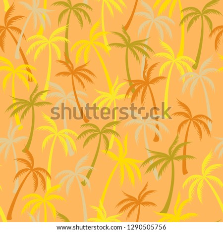 Coconut palm tree pattern textile seamless tropical forest background. Fashionable vector wallpaper repeating pattern. Simple tropical plants, coconut trees, beach palms textile background design.