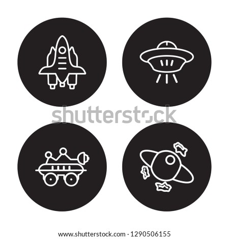 4 linear vector icon set : Space shuttle, Space robot, Space ship, Space junk isolated on black background,