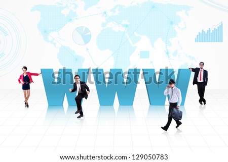 Business people surround www text on world map background