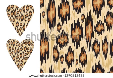 Leopard ikat texture and Distressed ikat pattern and Vector heart shape with wild print.