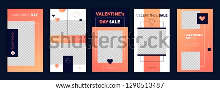Modern flat Valentine's Day social media  stories template in trendy living coral gradient, for blog and sales, web online shopping banner concept.Minimalistic geometric trendy sale app screens