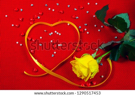 romantic greeting card blank rose and heart ribbon for valentine's day on red background                               