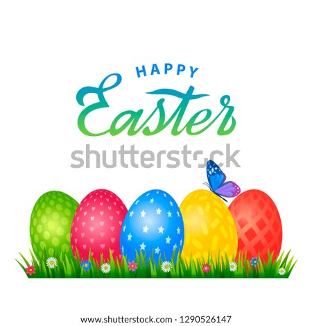 Bright greeting card with handwritten inscription Happy Easter. Retro lettering. A set of Easter eggs with different ornaments on the background of green grass and spring flowers. vector illustration