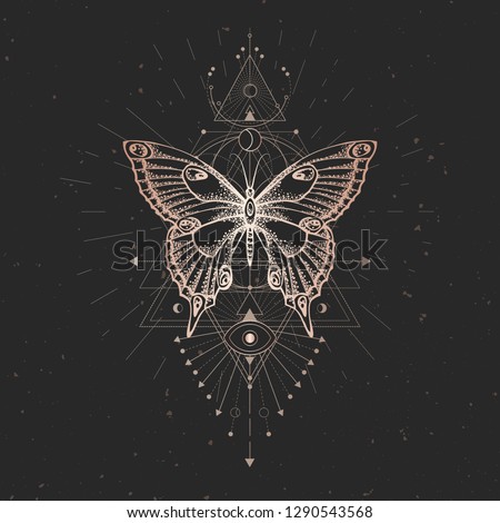 Vector illustration with hand drawn butterfly and Sacred geometric symbol on black vintage background. Abstract mystic sign. Gold linear shape. For you design or magic craft.