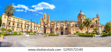 Panoramic view of Palermo Cathedral (Duomo di Palermo). Palermo, Sicily, Italy Royalty-Free Stock Photo #1290572140