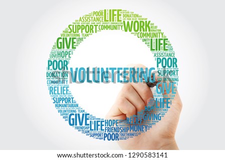 Volunteering word cloud collage with marker, social concept background