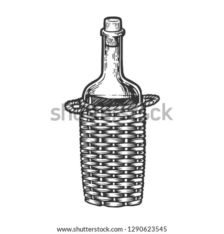 Wine bottle carboy with Basket weaving engraving raster illustration. Scratch board style imitation. Hand drawn image.