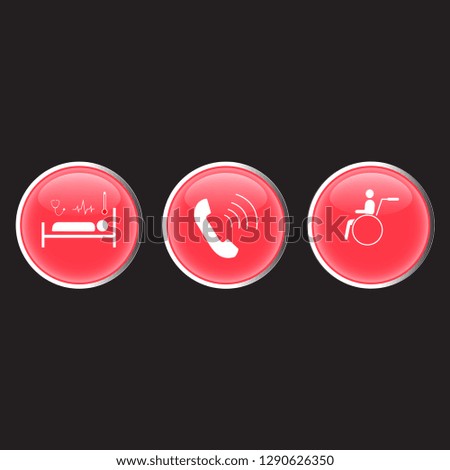 Colorful medical button set, glossy buttons, symbolic beds, wheelchair patients, telephone, internet signal For modern vector design